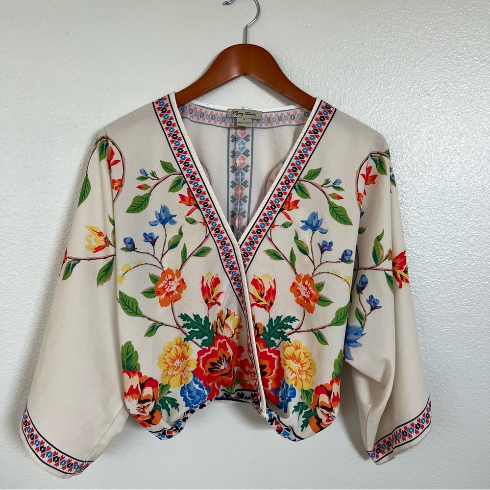 Flying Tomato Blouse Beige Floral 70s Faux Wrap Boho Women Small Whimsical Crop